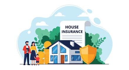Flat vector scene of family and house for home insurance protection. ideal for property, banking, and housing service promotions