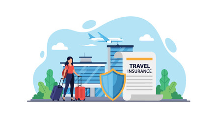Flat vector travelers with luggage in airport with airplane under shield. Solid tropical colors, no gradients, ideal for travel agencies, insurance sites, and flight posters