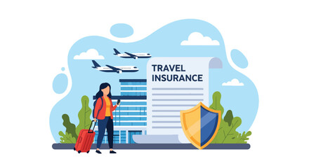 Flat vector travelers with luggage in airport with airplane under shield. Solid tropical colors, no gradients, ideal for travel agencies, insurance sites, and flight posters