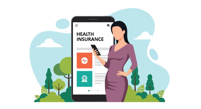 Flat vector illustration of person using health insurance mobile app with doctor icons.  ideal for UI concepts, fintech ads, and tech campaigns.