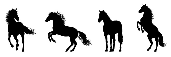 Set of black horse silhouettes in dynamic running and rearing poses. Outline wild animals on white. Vector equine shapes for 2026 Year of the Horse. Zodiac sign for logo, decoration, print, design