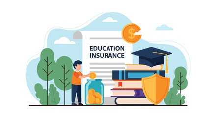 Flat vector kids investing for education insurance under shield. Solid bright palette. ideal for finance blogs, school websites, and educational infographics