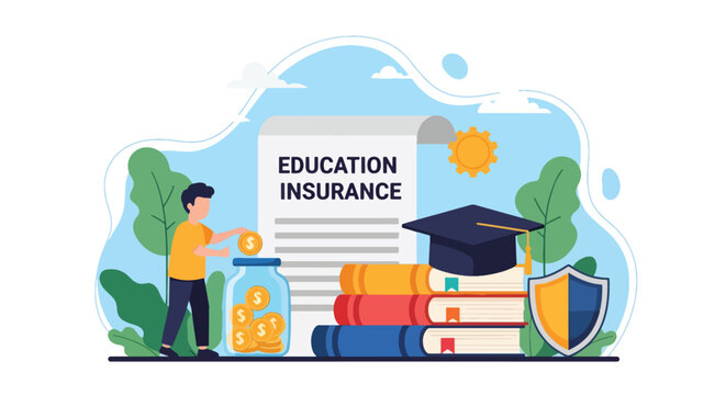 Flat vector kids investing for education insurance under shield. Solid bright palette. ideal for finance blogs, school websites, and educational infographics