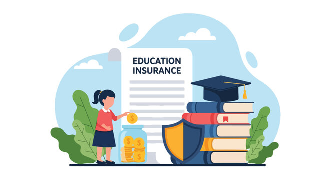 Flat vector kids investing for education insurance under shield. Solid bright palette. ideal for finance blogs, school websites, and educational infographics