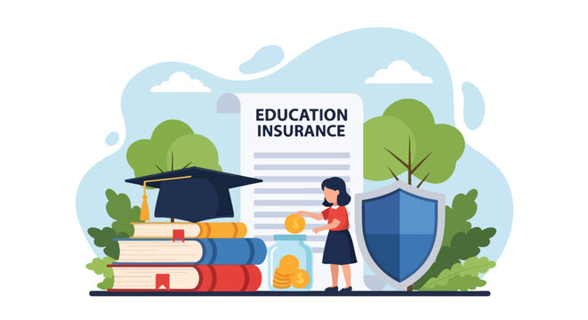 Flat vector kids investing for education insurance under shield. Solid bright palette. ideal for finance blogs, school websites, and educational infographics