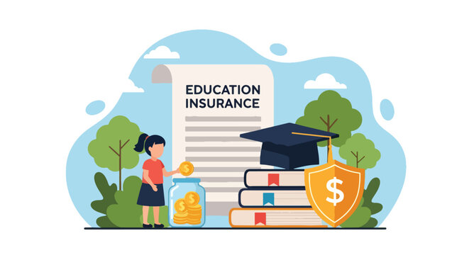 Flat vector kids investing for education insurance under shield. Solid bright palette. ideal for finance blogs, school websites, and educational infographics