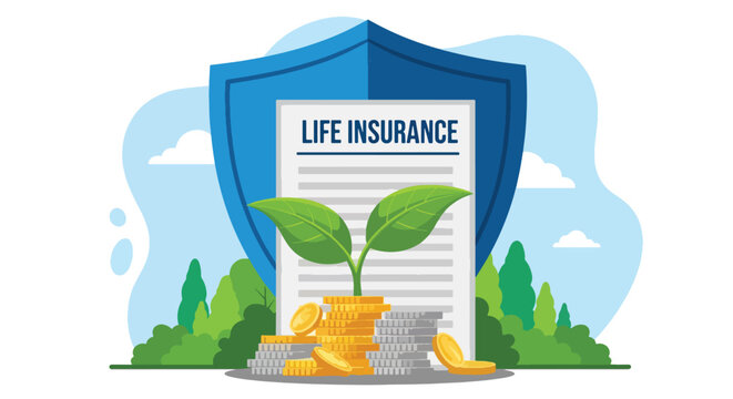 Flat vector plant growing from coins under shield showing life insurance growth. Solid green palette, no gradients, ideal for finance campaigns and savings illustrations