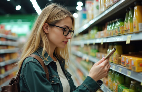 Young woman shops in grocery store aisle. Uses smartphone to scan product info, prices, nutrition facts. Female consumer makes smart, healthy food choices in supermarket. Compares ingredients, reads