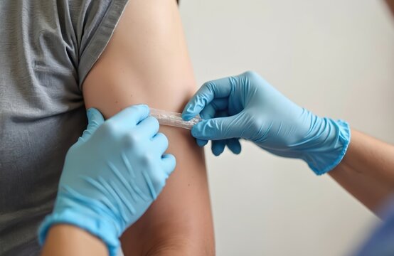 Healthcare worker places plaster on arm after patient gets vaccine shot. Medical care service in clinic or hospital. Immunity boost for flu, covid or virus prevention.