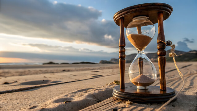 A mystical hourglass floats in a boundless, dreamlike void—its glass vessel not made of ordinary material, but of swirling, translucent liquid light