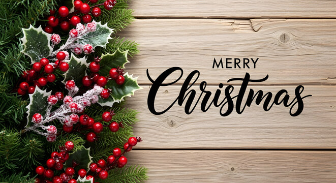 Rustic wooden background with a festive christmas holly branch and merry christmas text, ideal for traditional holiday greetings and decor