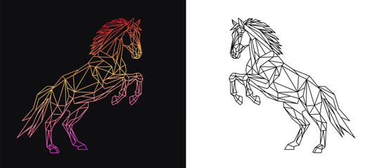 Set of rearing geometric horse in low poly polygonal style. Triangular line art for 2026 Year of the Horse. Zodiac sign with equines (neon and monochrome) in motion for tattoo, logo, print, designs