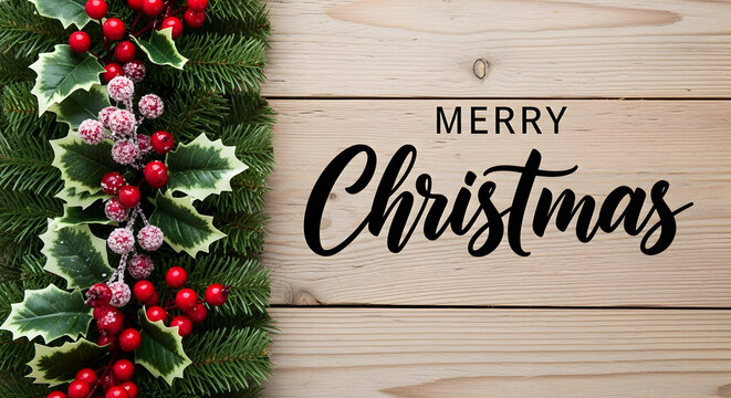 Christmas garland with red berries and pine needles on a rustic wooden background with merry christmas text