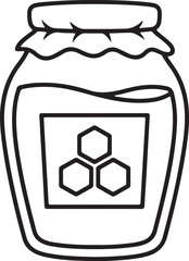 Obraz premium Outline illustration of a honey jar, sweet food product in a glass container with a honeycomb label, natural organic ingredient.