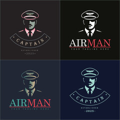 Captain airman pilot aviaton uniform silhouette logo set design template