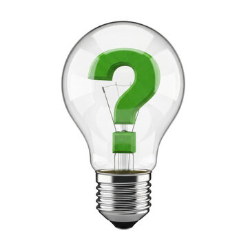 Green question mark lightbulb isolated on transparent background