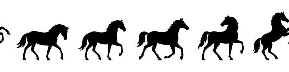 Horizontal seamless pattern of galloping horse silhouettes. Black vector equine strip for 2026 Year of the Horse. Endless border line for zodiac projects, repeat design, border decor, motion sequence
