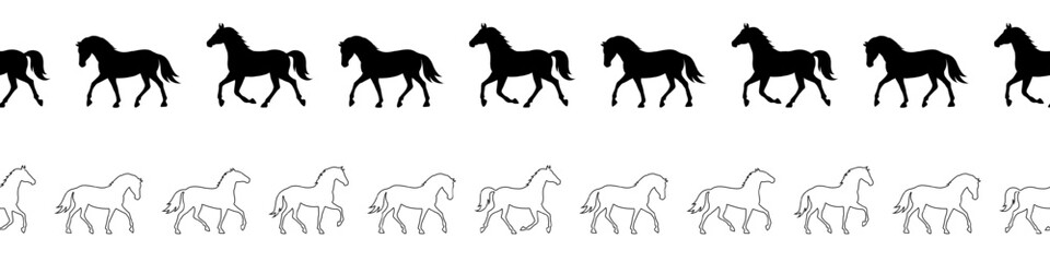 Set of seamless horizontal row of outline horses in motion. Black vector silhouettes running and trotting. Repeatable equine border for 2026 Year of the Horse, zodiac design, decoration, graphic trim.