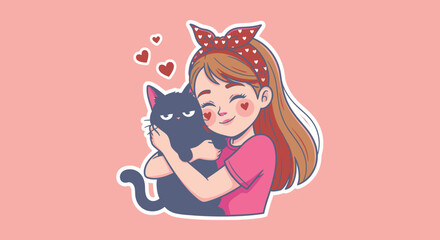 Fototapeta premium Cartoon girl hugging grumpy cat vector illustration for cat lovers and pet adoption advocacy campaign