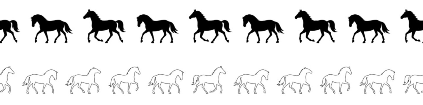Set of seamless horizontal row of outline horses in motion. Black vector silhouettes running and trotting. Repeatable equine border for 2026 Year of the Horse, zodiac design, decoration, graphic trim.