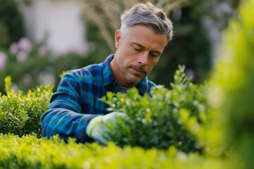 Middle-aged man in a flannel shirt and gloves is carefully trimming green hedges in a lush garden, showcasing gardening skills and dedication to landscaping