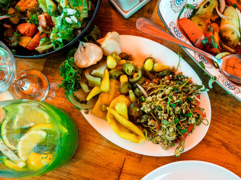 top view of traditional Georgian pickles on plate