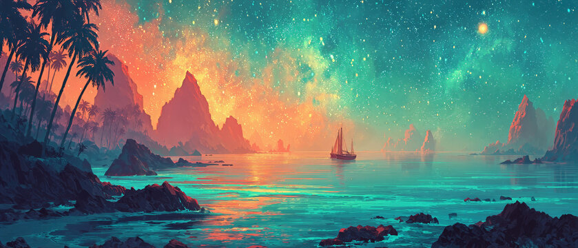 A glowing ship floats through turquoise waters beneath a radiant star-filled sky, surrounded by tropical cliffs and palm trees.