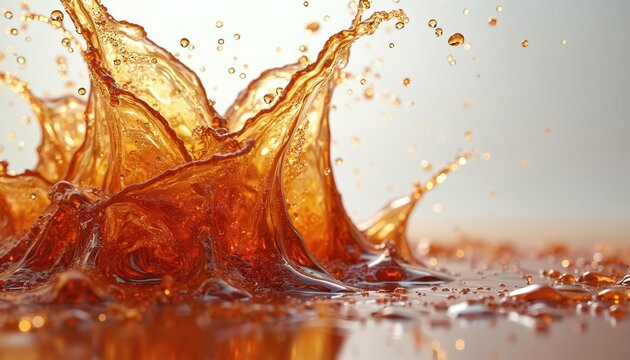 Liquid brown beverage splash frozen mid air. Bubbles rise in amber fluid droplets spread across reflective surface. Refreshment drink motion captured.