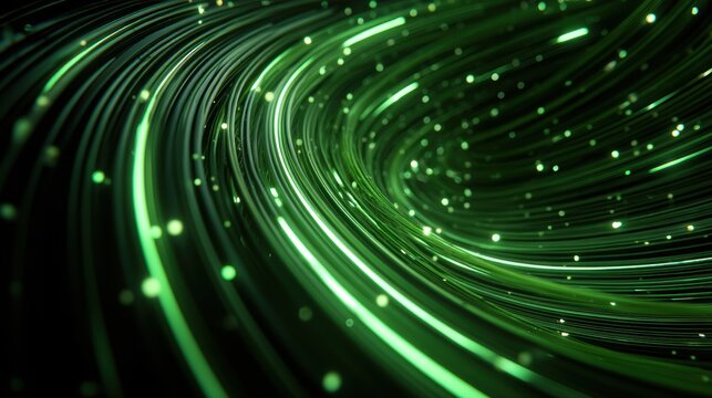 Glowing green energy streams spiral into a sustainable data center core