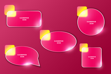 Set of glowing pink shapes with neon blur effect on a red background. Modern minimalist composition for web design and presentations featuring smooth gradients and glossy reflections