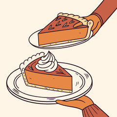 Pumpkin pie slice with whipped cream served on plate in hand. Traditional Thanksgiving dessert. Festive holiday sweet food design for celebration, invitation, greeting card. Vector illustration