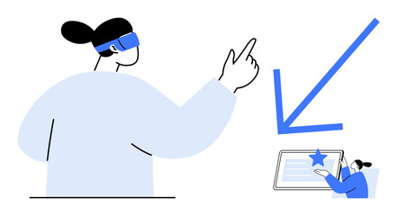 Woman wearing VR headset interacting with digital interface and screen. Ideal for technology, innovation, education, augmented reality, future, user experience, virtual interaction. Minimal flat