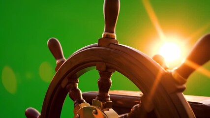 The ship's wheel is prominently displayed as the sun rises on the horizon, casting warm light across the wood. This ship's wheel illustrates the theme of navigation on open waters.