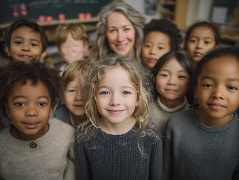 Natural inclusive group photo no forced smile authentic teaching moment realistic human expression natural soft lighting shallow DOF cinematic tone photorealistic DSLR photo 85mm lens professional