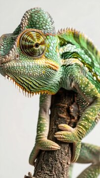 A green and yellow chameleon perched on a branch, showcasing its vibrant coloration