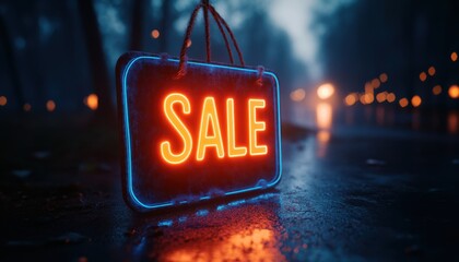 3D rendering of a glowing neon sale sign hanging outdoors in a moody nighttime setting with reflections on a wet road