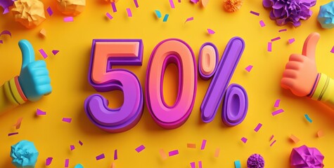 Vibrant 50% symbol with thumbs up and colorful confetti on yellow background, celebrating a positive milestone