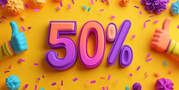 Vibrant 50% symbol with thumbs up and colorful confetti on yellow background, celebrating a positive milestone