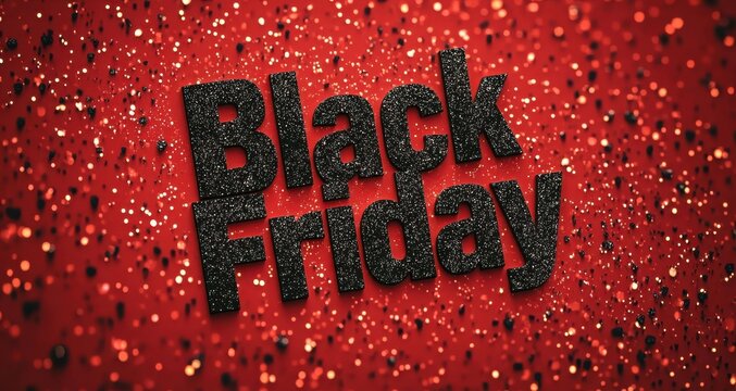 Black Friday text in bold 3D style with glitter effect on vibrant red background symbolizing excitement and sales