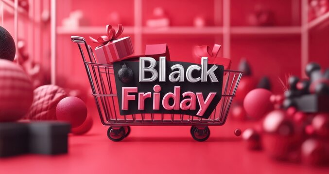 Festive Black Friday promotion with 3D text and shopping cart filled with gifts and decorations on a red background