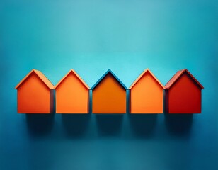 Symmetrical Row of Five Abstract House Silhouettes in Orange and Blue | Property Investment Concept
