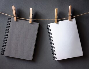Blank Black and White Spiral Notebooks Hanging on Clothesline | Template and Idea Concept