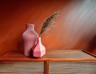 Geometric & Ribbed Pink Vases on Wooden Cabinet | Mid-Century Terracotta Color Palette