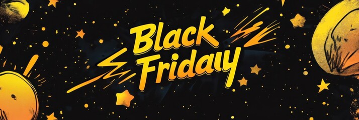 Dynamic Black Friday banner with bold yellow text and starry background