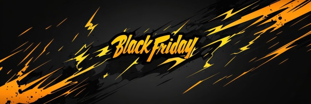 Vibrant black Friday banner with dynamic, bold typography and striking paint splatter design on a dark background highlighting the excitement of major sales event