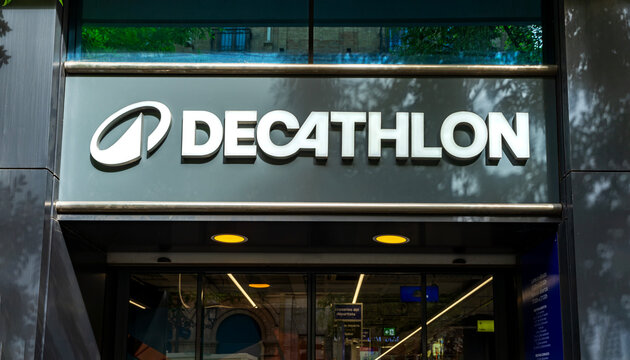 Seville, Spain; october 15, 2025: Decathlon sporting goods retail urban store logo sign on storefront.