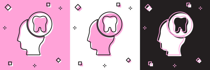 Set Human head with tooth icon isolated on pink and white, black background. Tooth symbol for dentistry clinic or dentist medical center and toothpaste package. Vector