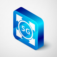 Isometric 5G new wireless internet wifi connection icon isolated on grey background. Global network high speed connection data rate technology. Blue square button. Vector