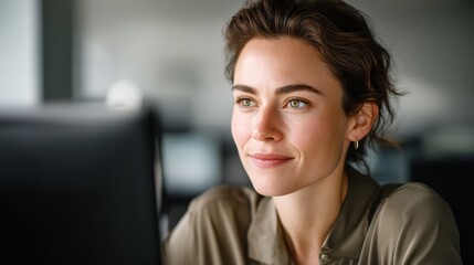User working at desktop in bright office