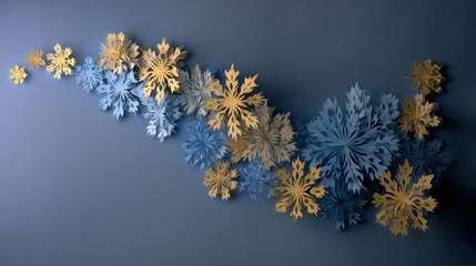 Blue paper snowflakes in diagonal cascade